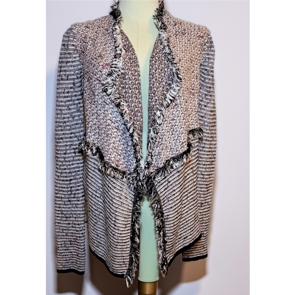 White House Black Market Knit Cardigan Sweater XS Pink Tweed Open Front Fringe